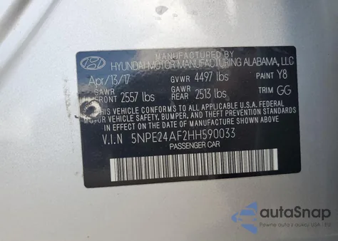 2017 Hyundai Sonata Se z USA, uszkodzony, nr VIN 5NPE24AF2HH590033